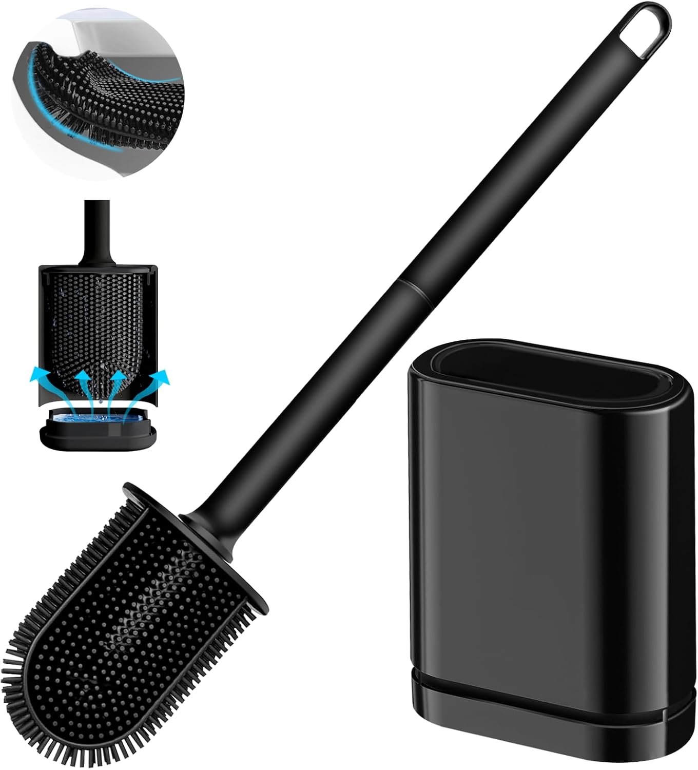 Silicone Toilet Brush and Holder Set, Toilet Brushes with Ventilated Holder, Wall Mounted Toilet Bowl Brush with Long Handle Bendable Brush Head, Black Toilet Brush Cleaner for Bathroom RV