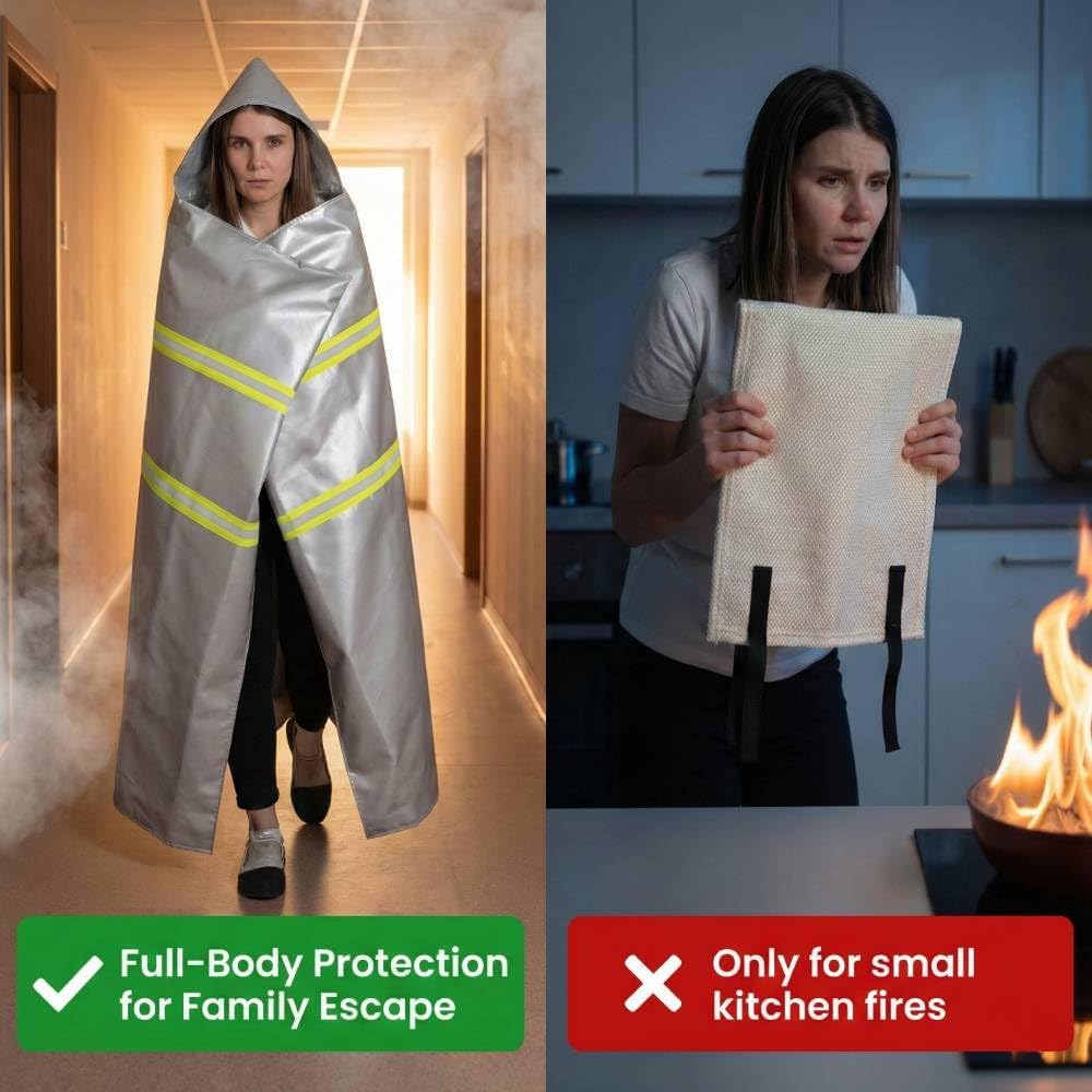 Emergency Fireproof Cloak with Hood – Silver Silicone Coated Fiberglass Fire Blanket, 59 x 63 Inches, Heat Resistant Safety Cover for Escape- fire Retardant Blanket - fire Extinguisher