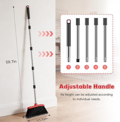 Heavy Duty Broom, 54-inch Adjustable Long Handle Angle Brooms Large Brooms for Sweeping Indoor and Outdoor Commercial Broom for Home Kitchen Patio Garage Porch Courtyard Classroom, Red