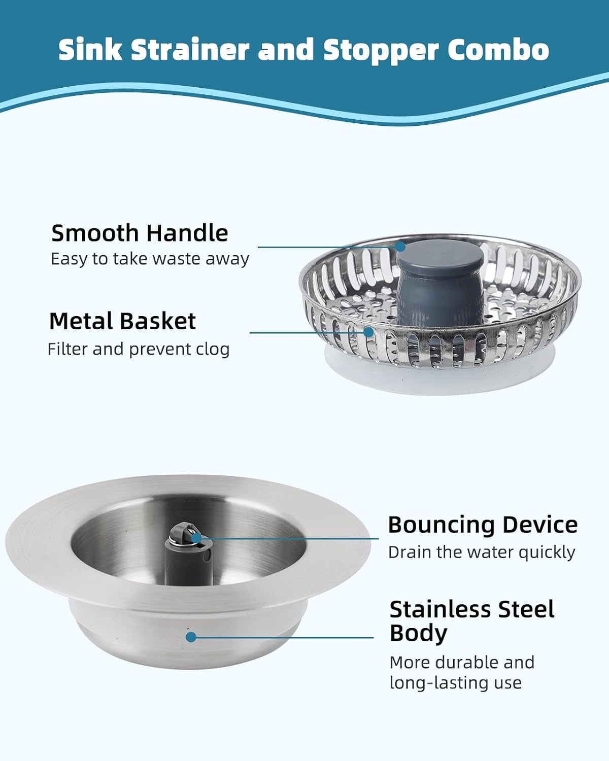 All Metal Sink Drain Strainer for Kitchen Sink, Universal Fit | Pop Up 3-in-1 Sink Stopper Drainer, 304 Stainless Steel Basket for US Standard 3-1/2 inch Drain Filter, Anti-clog
