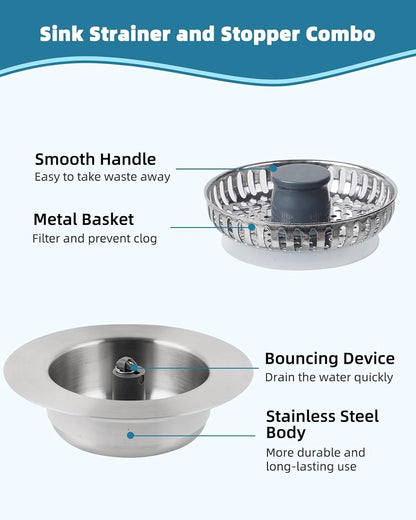 All Metal Sink Drain Strainer for Kitchen Sink, Universal Fit | Pop Up 3-in-1 Sink Stopper Drainer, 304 Stainless Steel Basket for US Standard 3-1/2 inch Drain Filter, Anti-clog