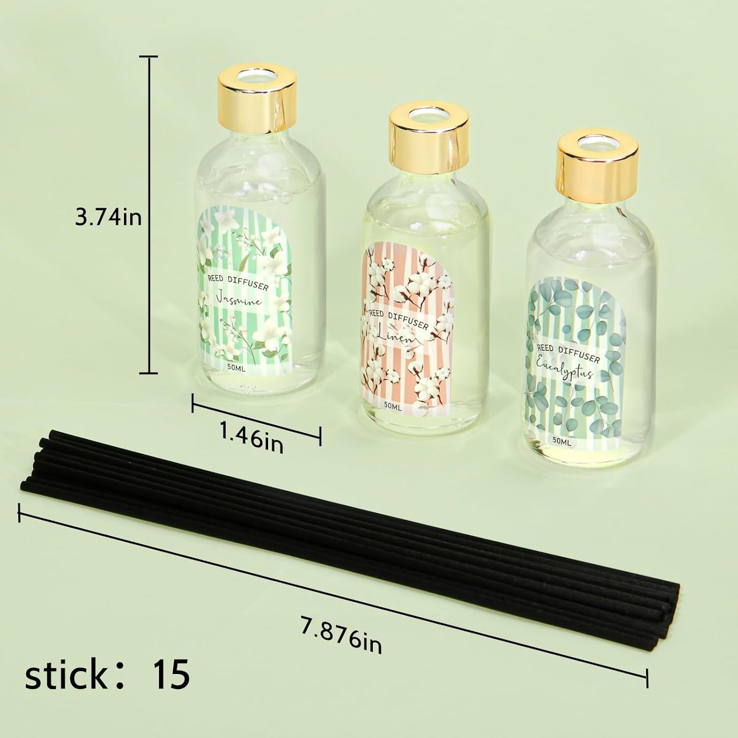 Reed Diffuser Set of 3 Pack, Linen Vanilla Citrus Scented Oil Diffuser with 15 Sticks, Reed Diffusers for Home, Bathroom Air Freshener, 1.7 Fl.oz Each, Total 5.1 Oz