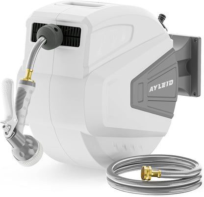 Ayleid Retractable Rubber Hybrid Garden Hose Reel, 1/2"x100ft Wall Mount | Anti-freeze, kink-free premium rubber hybrid hose, 24-month warranty, 9-pattern sprayer, any-length lock, slow auto-return.