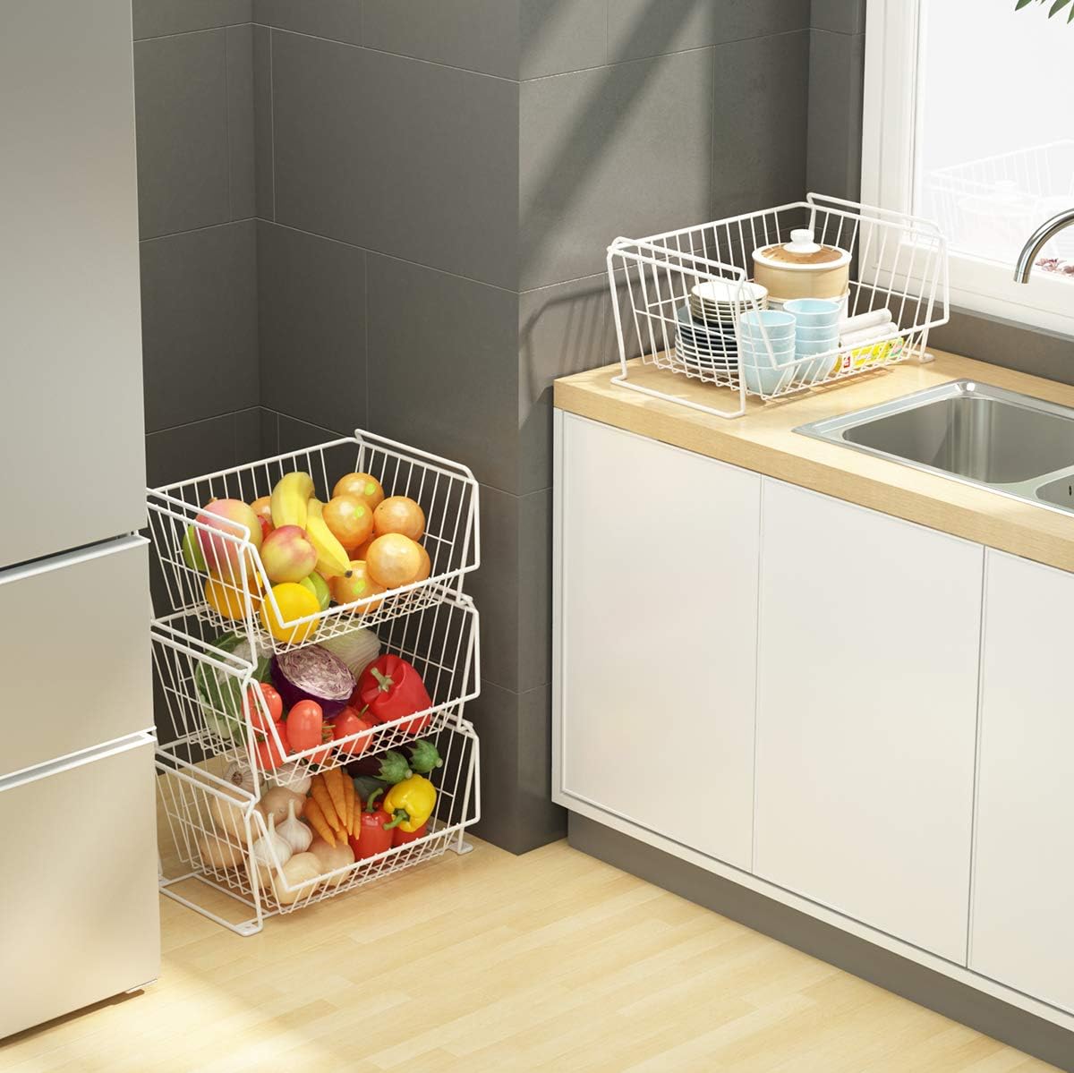 PUSDON 6-Tier Tall Stackable Wire Storage Baskets with Wheels, Vertical Metal Rolling Utility Cart, High Capacity Produce Basket for Kitchen Pantry, Snack Organizer, Matte Black