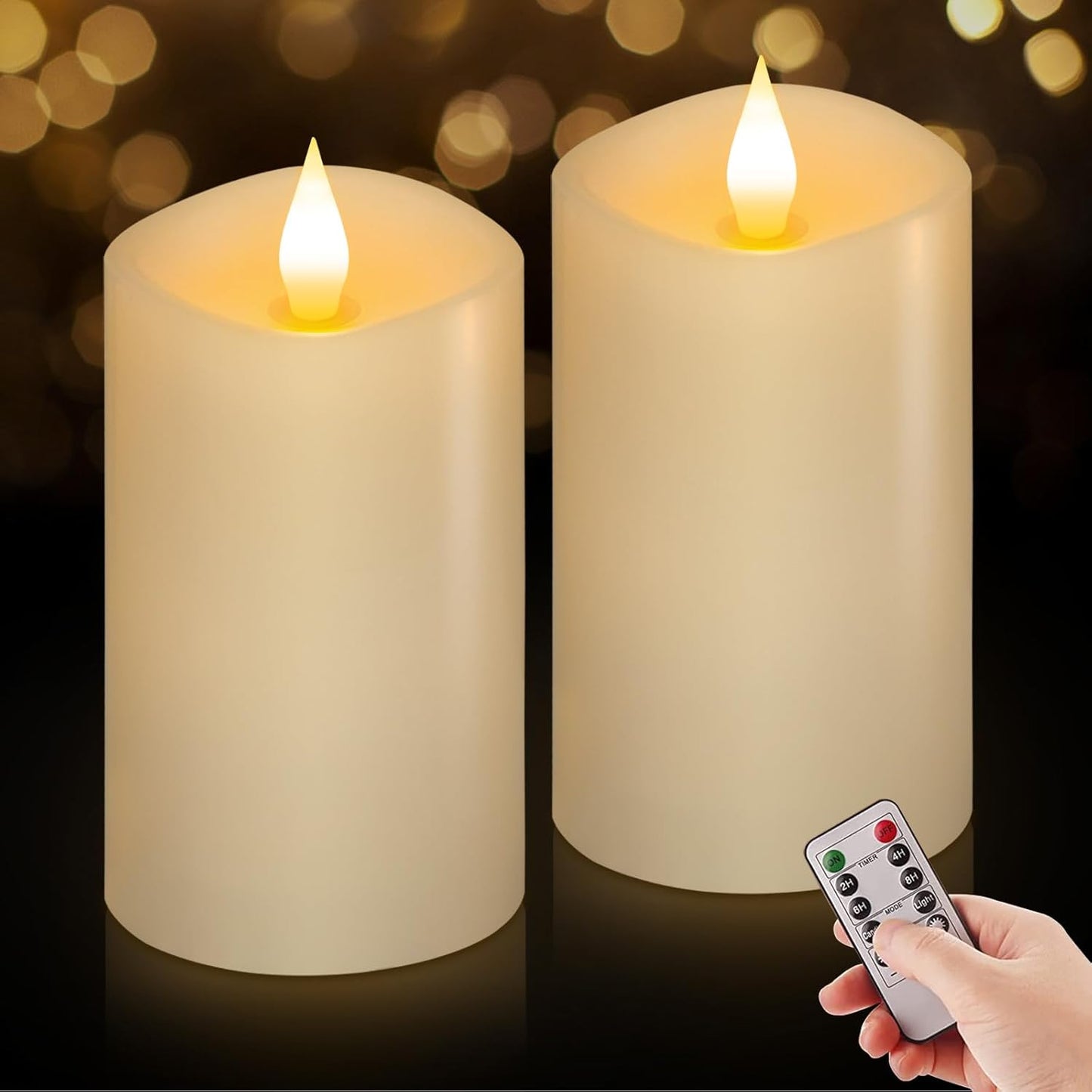 3x3 Flickering Flameless Candles Set of 2, 2AA Battery Life 600 Hours Battery Candles Flickering with Timer,3 inch Flameless Candles with Remote for Indoor/Outdoor, Ivory