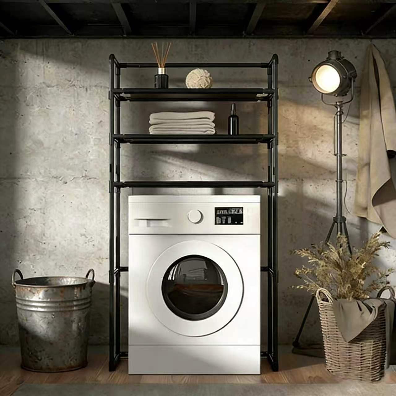 3-Tier Over Washer Shelf, Rustproof Metal Rack, Adjustable Storage for Laundry,Bathroom,Balcony(Black)