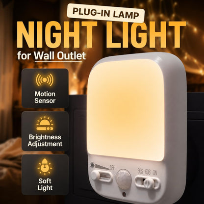 LED Motion-Activated Directional Rotating Flexible Sensor Dusk to Dawn Night Light AC Outlet Plug-in Wall Stair Lamp Indoor 360° Bedroom Hallway Stairway Garage Basement Corridor