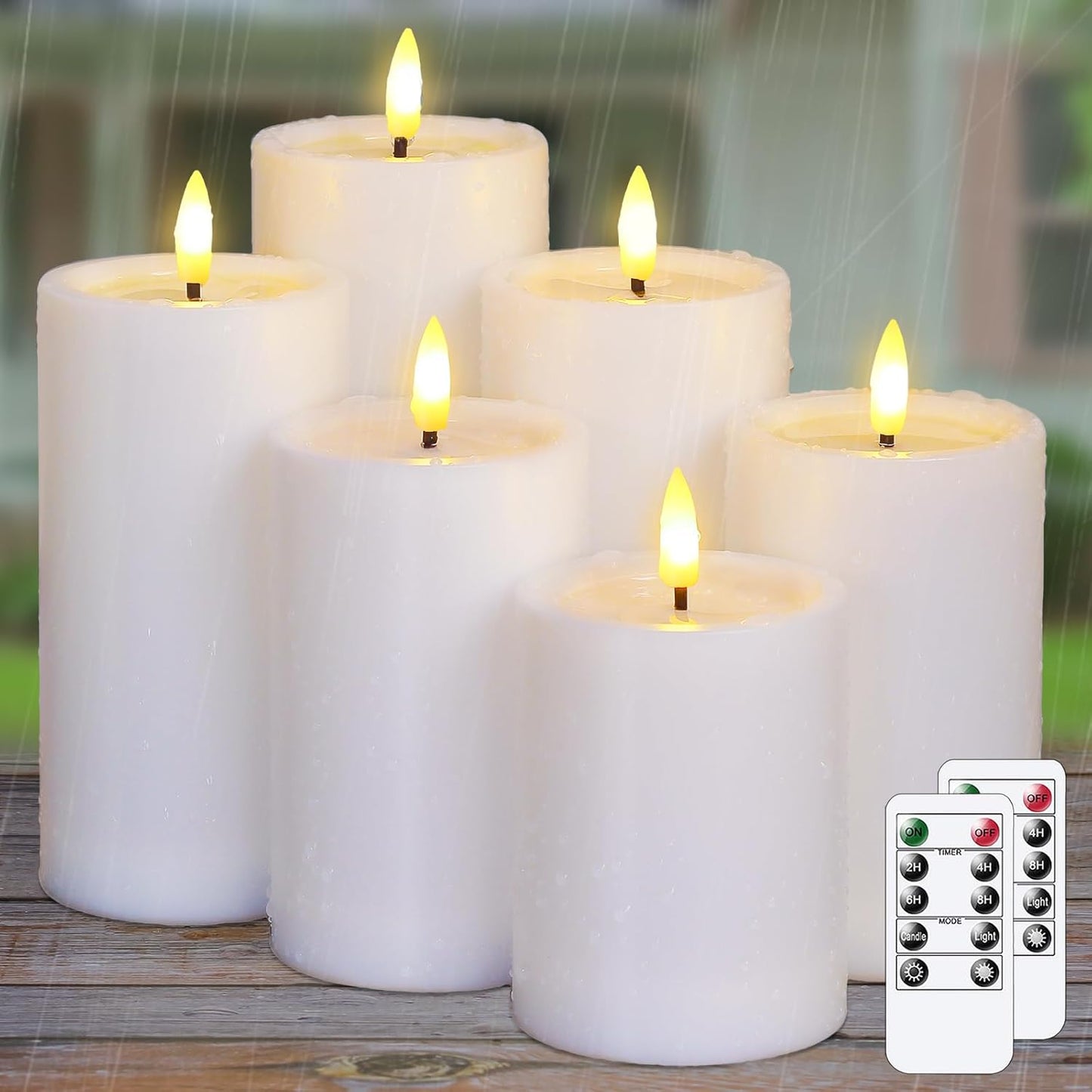 Yeelida Outdoor 4pcs Flameless Waterproof Candles with Handy Remote Control, Cycle Timer Battery Operated Candle Grease Effect LED Flickering Pillar Plastic Long Lasting (White, 3" x4" 5" 6" 7")