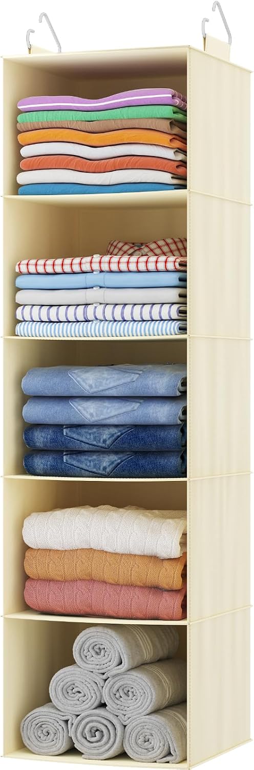 Lifewit 5 Tier Hanging Closet Organizer and Storage for Shelves, Foldable Clothes Shelf with 2 Sturdy Hooks, Sweater/Coat/Shoes Clothing Organization for Wardrobe, Dorm, Bedroom, Gray