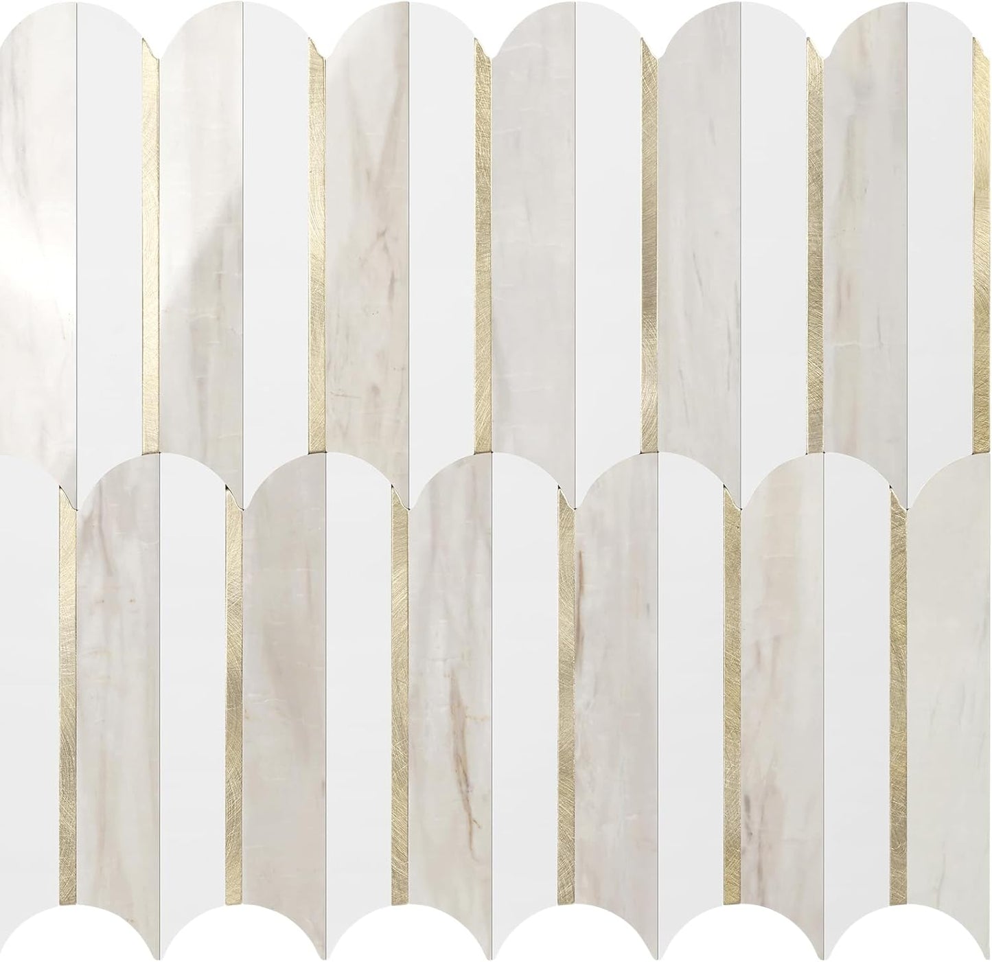 Vamos Peel and Stick Backsplash Seamless Tile for Kitchen and Bathroom,White and Beige Slate PVC Mixed Light Gold Self Adhesive Fish Scale Metal Mosaic Tiles (10 Sheets)