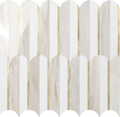 Vamos Peel and Stick Backsplash Seamless Tile for Kitchen and Bathroom,White and Beige Slate PVC Mixed Light Gold Self Adhesive Fish Scale Metal Mosaic Tiles (10 Sheets)