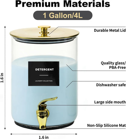 Glass Laundry Detergent Dispenser for Laundry Room Organization-Black | 1 Gallon Large Liquid Soap Dispenser with Black Metal Lid & Leak-Proof Spigot, 1 Measured Cups, 1 Silicone Mats & 9 Labels
