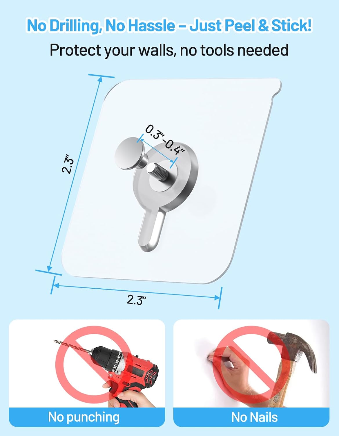 20 Pcs Adhesive Picture Hooks, 20 Ibs Load Heavy Duty Self Adhesive Wall Hooks for Hanging, Waterproof Picture Hangers Without Nails for Bathroom Kitchen, Transparent Sticky Hooks for Frames