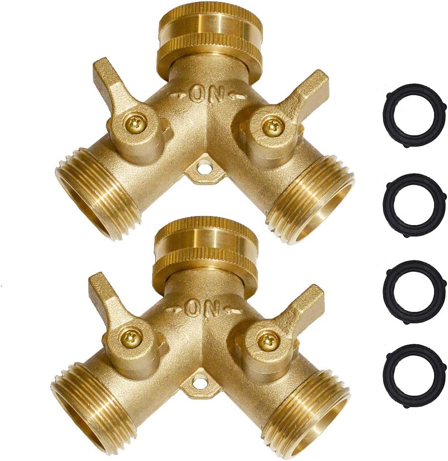HQMPC Garden Hose Y Valve Splitter Brass Hose Splitter With Stainless Steel Long Handle Brass Garden Hose Adapter 2 Way Y Valve 3/4" GHT Thread 2pcs