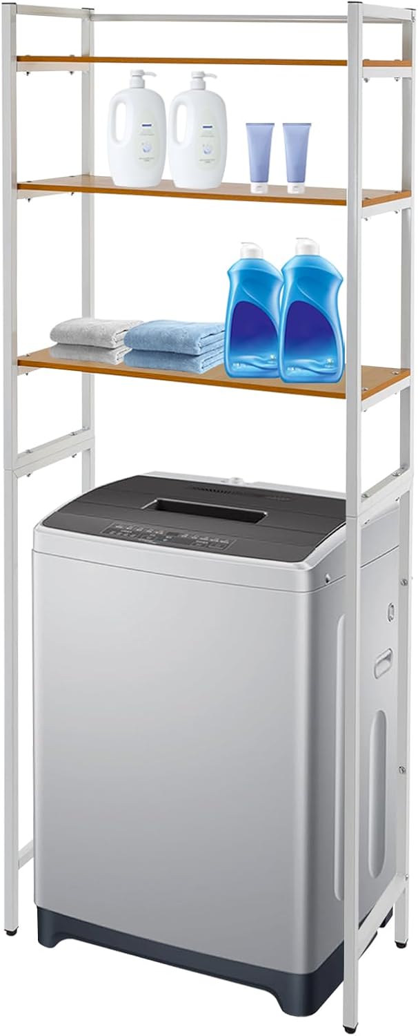 Bathroom Storage Shelf, Over the Washer and Dryer Storage Shelf, 3-tier Bathroom Rack for Washing Machine, Bathroom Storage and Organizer Rack for Hanging Towels and Drying Clothes (Black, Oak)