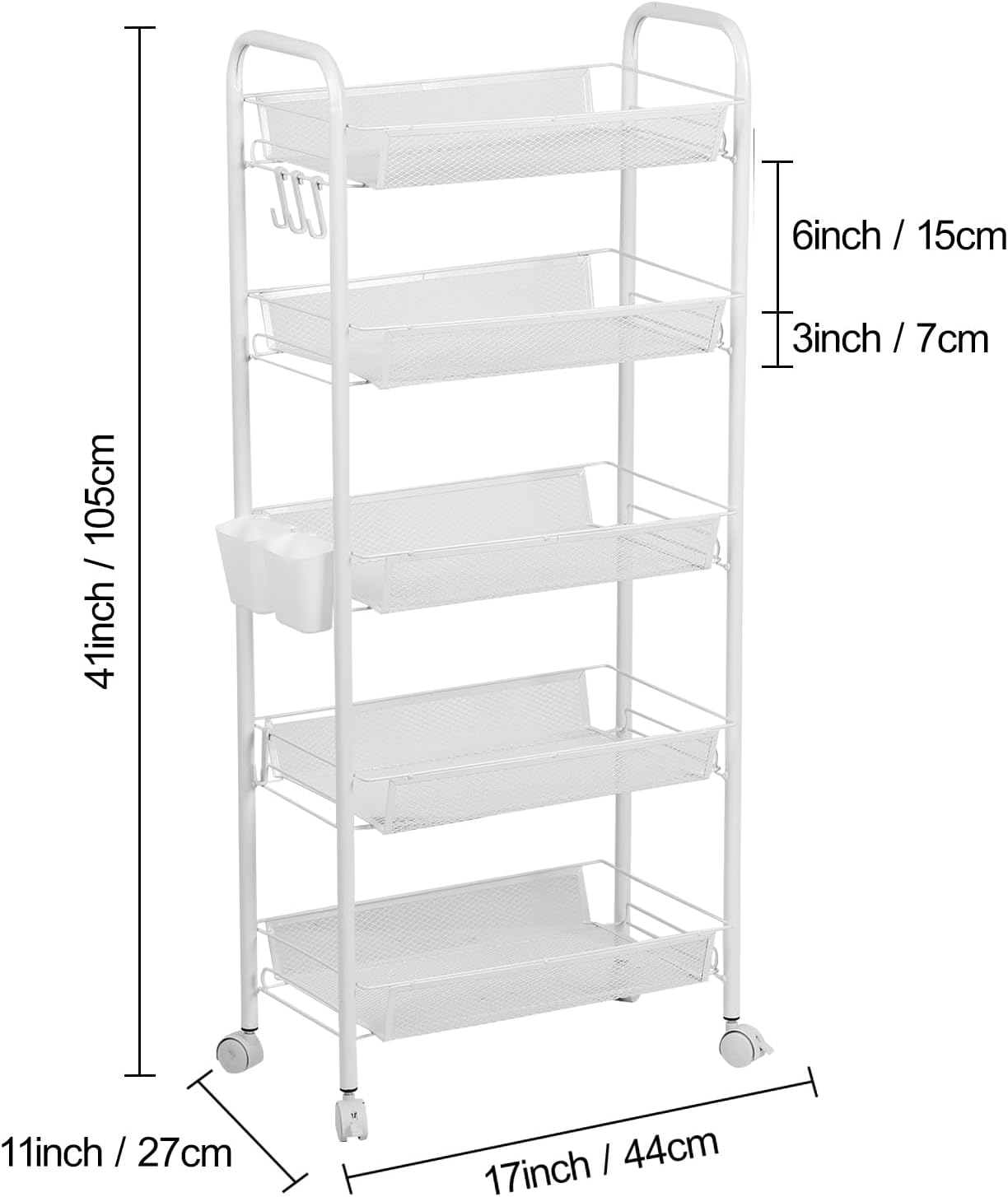 5-Tier Rolling Cart, Stackable Fruit Vegetable Rack, Kitchen Mesh Storage Basket with 360 Degree Wheels, Snack Cart for Kitchen Pantry Bathroom Organizer Heighten Guardrail Detachable (5-Tier Black)