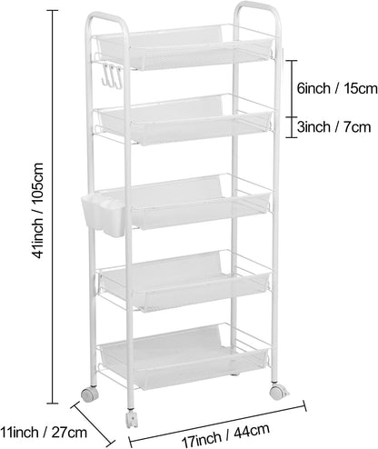 5-Tier Rolling Cart, Stackable Fruit Vegetable Rack, Kitchen Mesh Storage Basket with 360 Degree Wheels, Snack Cart for Kitchen Pantry Bathroom Organizer Heighten Guardrail Detachable (5-Tier Black)