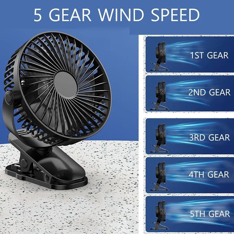 Compact USB Rechargeable Clip on Fan, 6 Inches Portable Personal Fan for Outdoors, Car Seat, Gym - Black