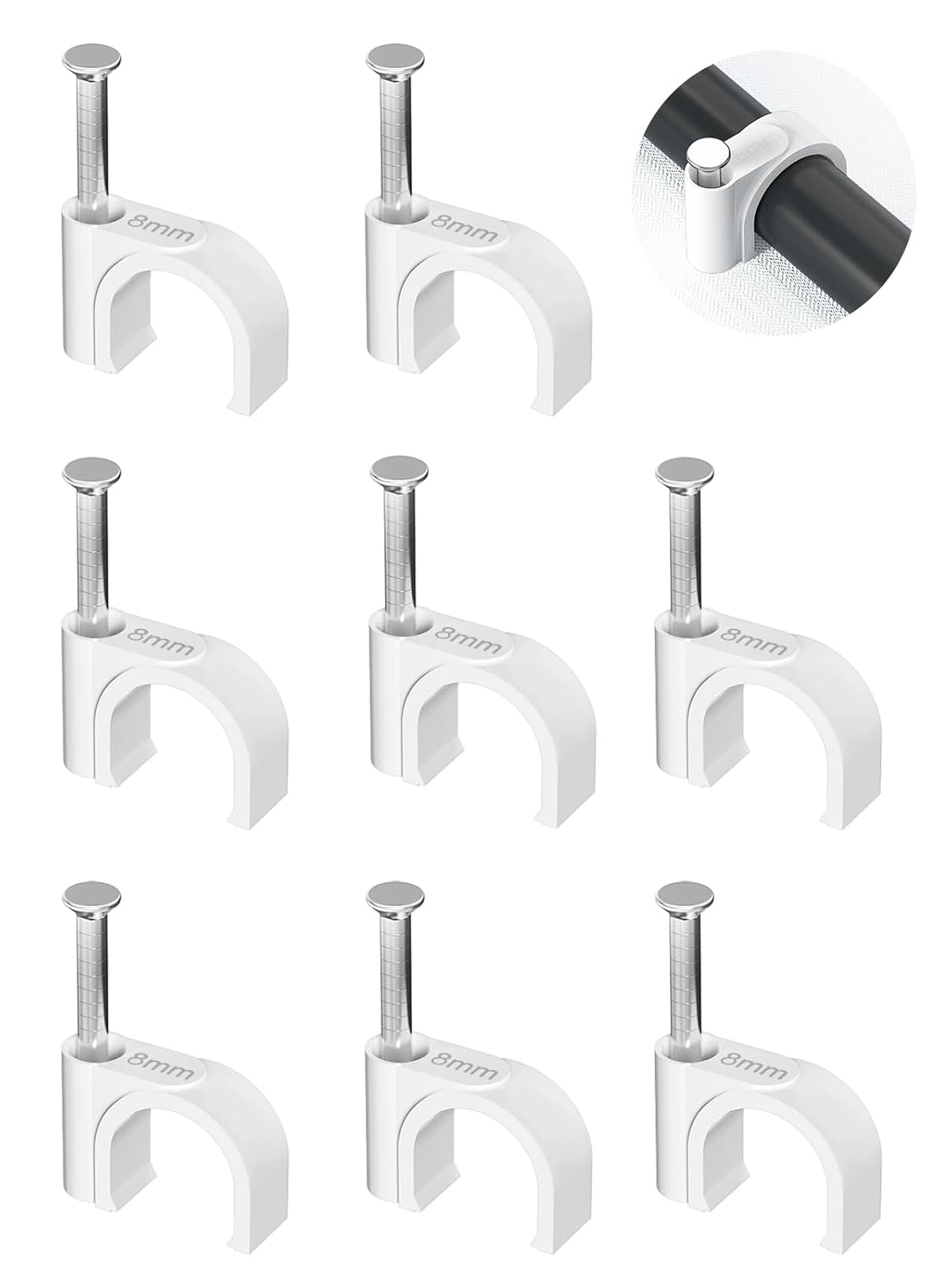 Jadaol Cable Clips 100Pcs 8mm Nail in Clips for Round Ethernet Cables Wall Clips Cable Tacks Electrical Wire TV Cable Speaker Wire Coax Clips Cable Nails for Cords Cat5/Cat5e/Cat6/Cat7 RJ45 Cord Clips