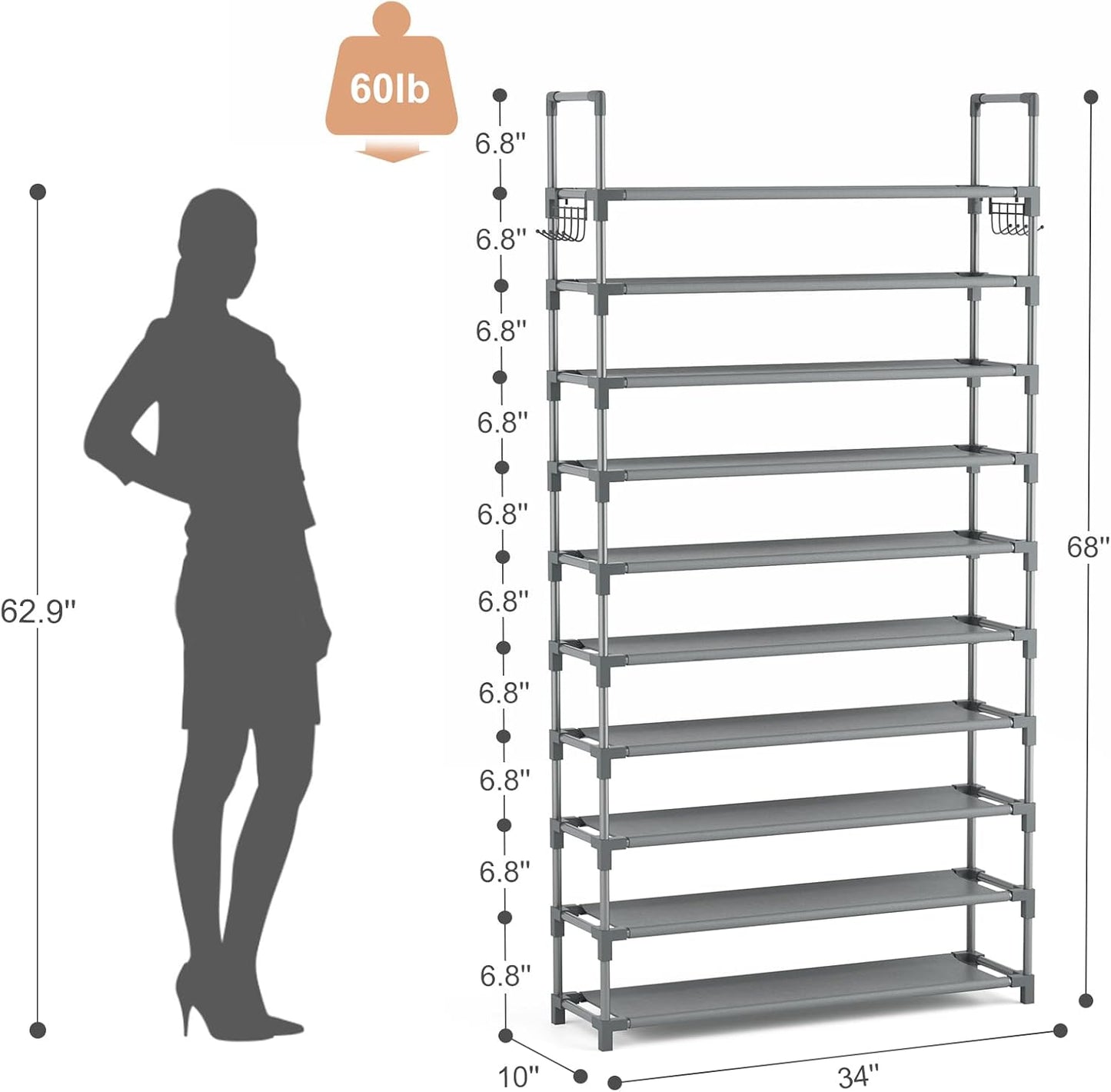 VTRIN 10 Tiers Tall Shoe Rack Holds 20-25 Pairs of Shoes Sturdy Vertical Shoe Organizer with 18pcs Hooks Stackable Narrow Shoe Rack for Closet, Entryway Black