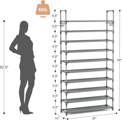 VTRIN 10 Tiers Tall Shoe Rack Holds 20-25 Pairs of Shoes Sturdy Vertical Shoe Organizer with 18pcs Hooks Stackable Narrow Shoe Rack for Closet, Entryway Black