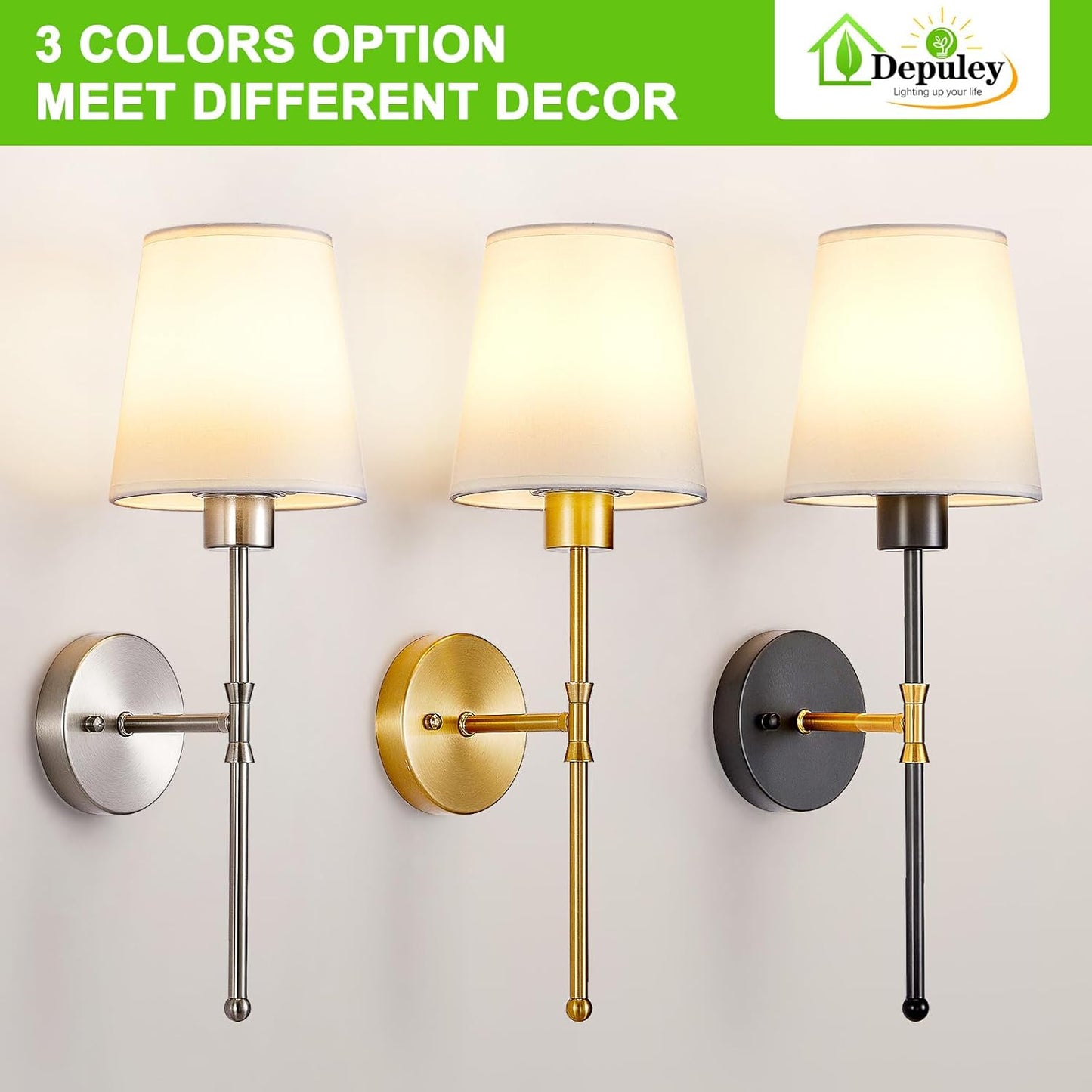 Depuley Battery Operated Wall Sconce: Set of 2 Wireless Wall Lights with 10000mAh Dimmable Bulbs and Remote for Bedroom - Rechargeable 15 Colors Gold Wall Lamp for Living Room Hallway