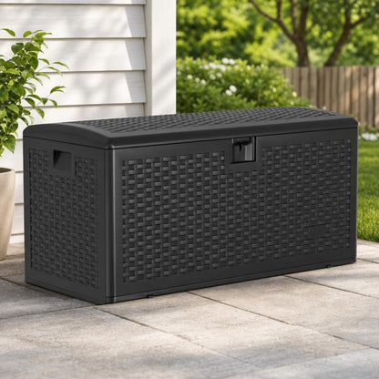 73 Gallon Lockable Outdoor Storage Bench Box, Waterproof & UV Resistant Patio Deck Container for Cushions, Pool Supplies & Yard Toys