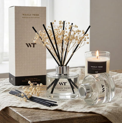 Flower Reed Diffuser Set Wild Eucalyptus Mint Scent for Bathroom Accessories Shelf Decor & Air Fresheners, Sticks Defusers with 5.1 fl oz Essential Oils & Leaves, House Bedroom Office Decor & Gifts