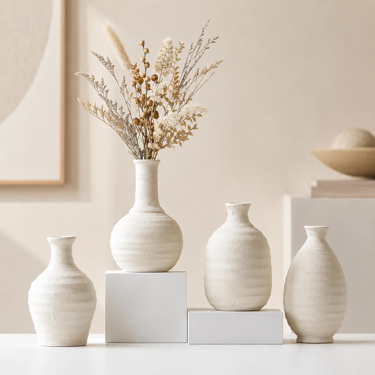 White Textured Ceramic Vases Set of 4, Small Rustic Pottery Vases for Dried Flowers, Minimalist Farmhouse Decorative Bud Vases for Table Shelf Living Room Home Decor