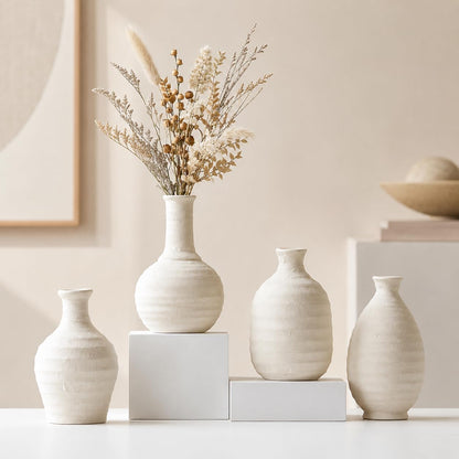 White Textured Ceramic Vases Set of 4, Small Rustic Pottery Vases for Dried Flowers, Minimalist Farmhouse Decorative Bud Vases for Table Shelf Living Room Home Decor