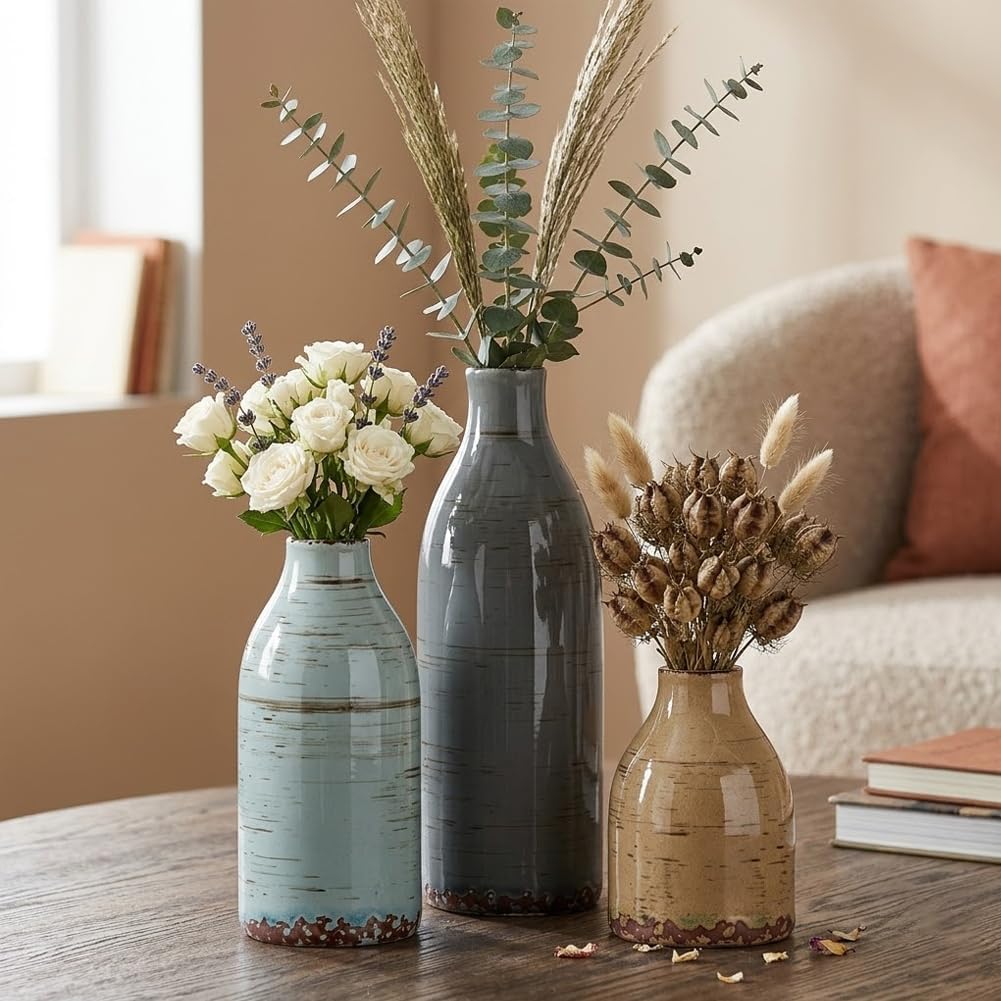 Ceramic Vase Set of 3, Small Flower Neutral Vases Home Decor, Pottery Rustic Farmhouse Decorative Vases, Modern Decor for Table Mantel Entryway Bookshelf Living Room Kitchen Bedroom