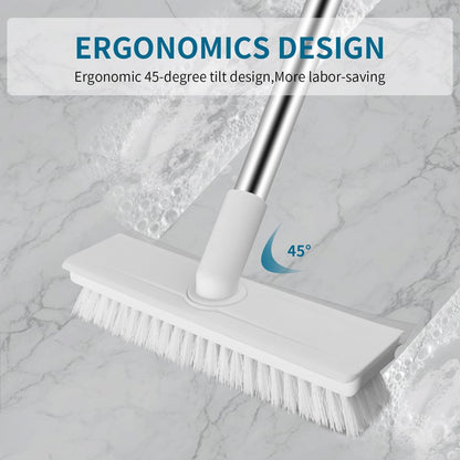 Floor Scrub Brush with Long Handle, 2 in 1 Scrape Brush Stiff Bristle Floor Scrubber for Cleaning Shower Bathroom Garage Kitchen Wall Deck Tub Tile, White