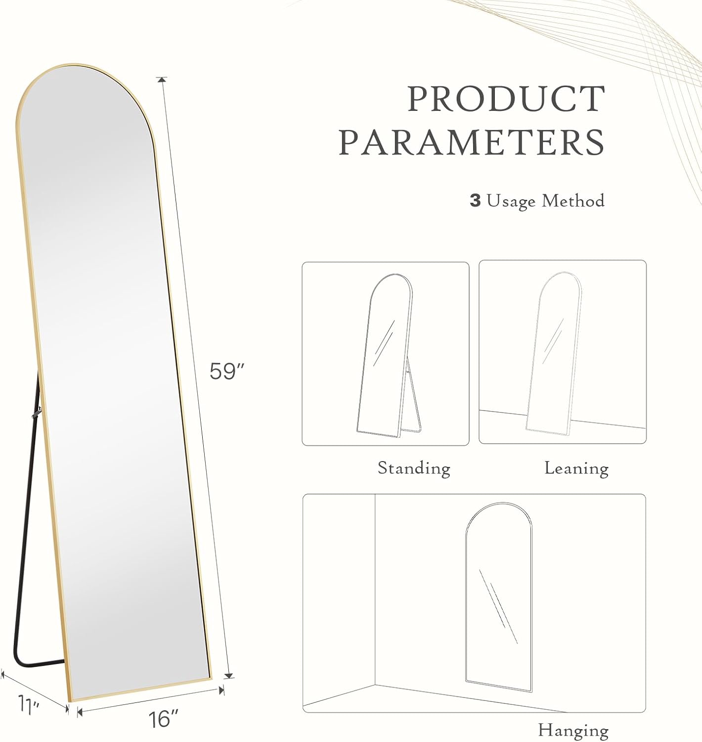 59"x16" Arched Full Length Mirror, Full Body Mirror with Leaning or Standing, Floor Standing Aluminum Frame for Bedroom, Livingroom, Cloakroom, Black
