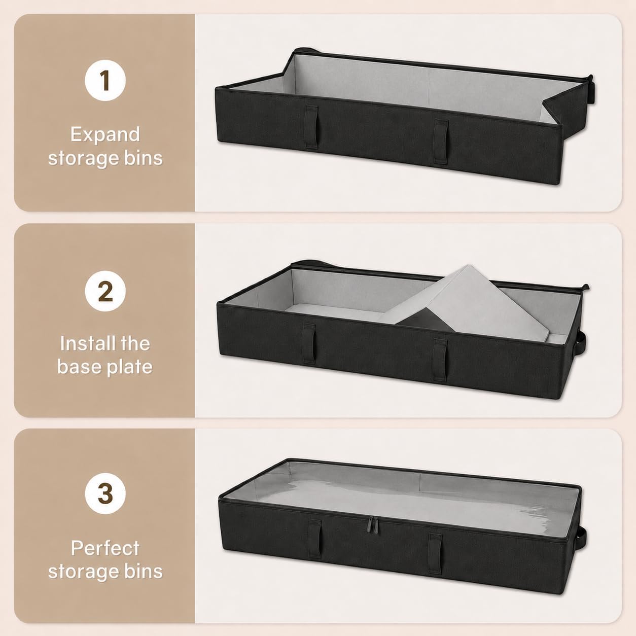 Vailando Side-Supported Under Bed Storage Containers, 6 Inches Tall 60L Underbed Storage Bins with Sturdy Handles and Sidewalls, Closet Organizer for Clothes, Blankets, Seasonal Items, Beige, 2-Pack