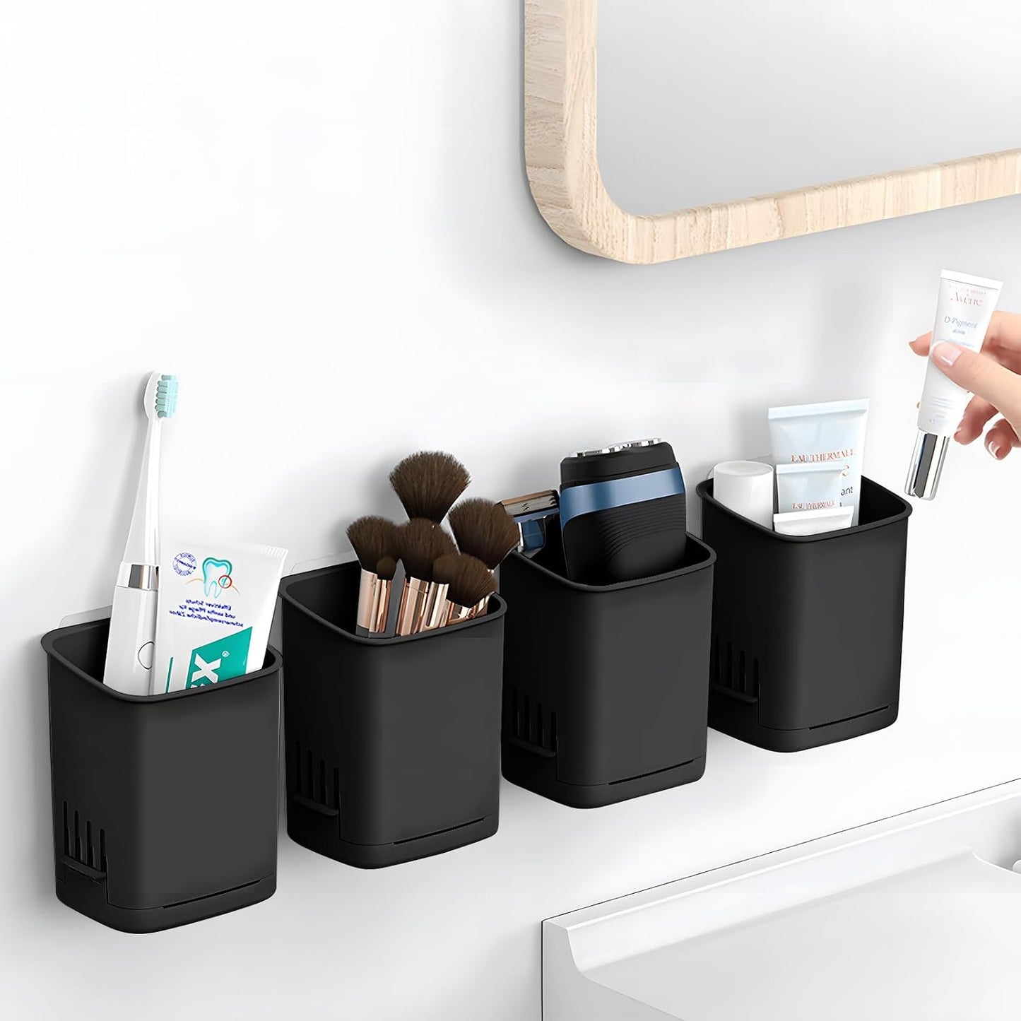2 Pack Wall Mounted Toothbrush Holders，Removable Drill-Free Wall Shower Holder for Toothbrush,Toothpaste, Razor, Self-draining Self Adhesive Cup in Shower, Kitchen Tableware Organizer (Black