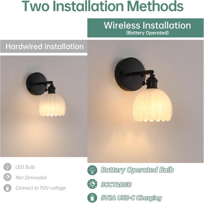 Shenmoyl Vintage Battery Operated Wall Sconce with Transparent Tulip Glass Lampshade Rechargeable Battery Powered Wall Light with Remote Control for Bedside Bedroom Doorway, Set of 2