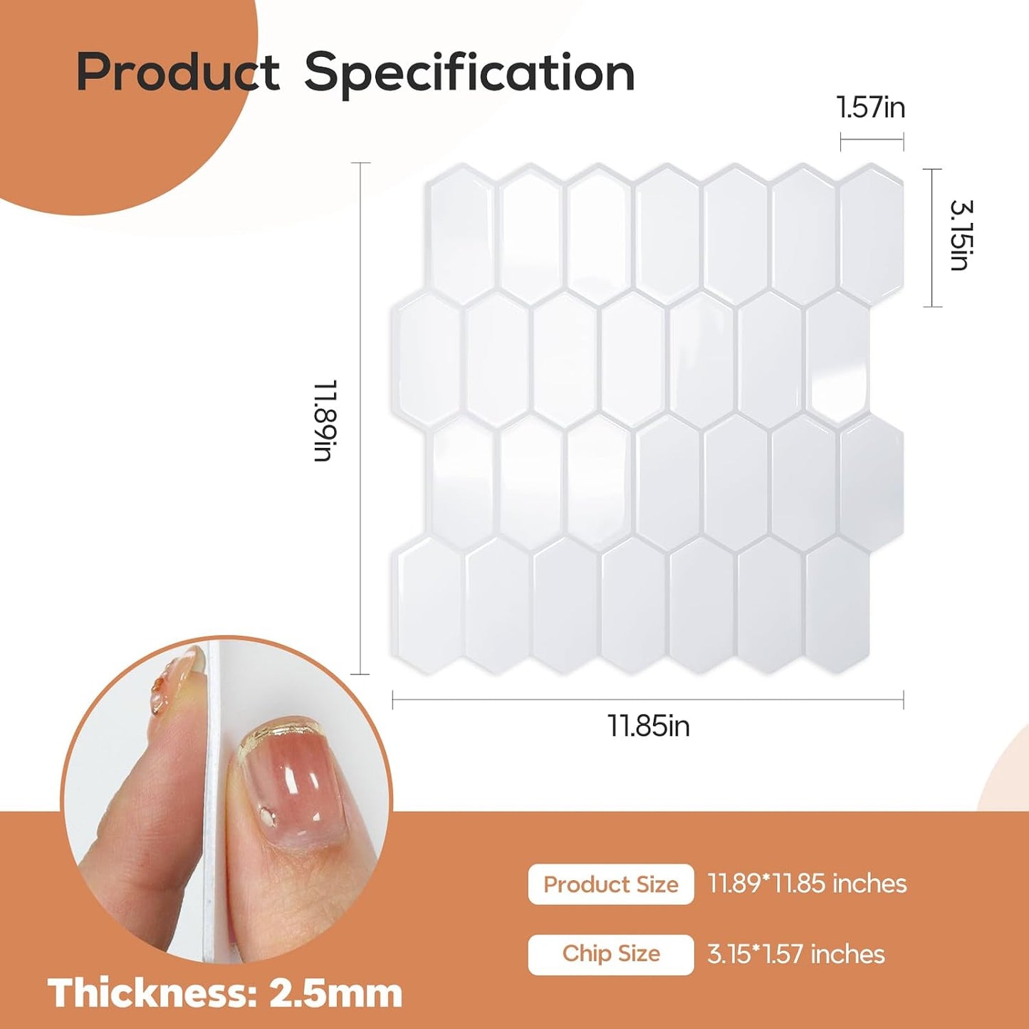 Vamos Tile Upgraded Thicker Design Backsplash Tile Peel and Stick, 10-Sheet Grey Marble Long Hexagon Self Adhesive Wall Tiles Stick On Backsplash for Kitchen Bathroom RV Fireplace