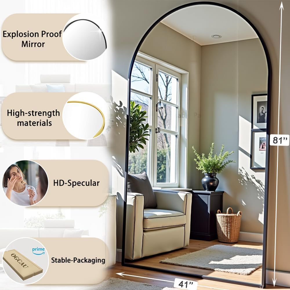 OGCAU Floor Full Length Mirror, 56"x20" Arched Full Body Mirror, Hanging or Leaning, Standing, Wall Mounted with Aluminum Frame for Bedroom Living Room, White