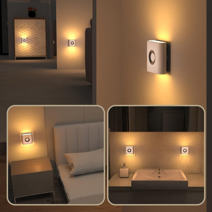 Plug-in LED Backlit Night Light with Motion Sensor & Dusk to Dawn Sensor, Warm White Nightlight with 50 lm Adjustable Brightness for Bathroom, Bedroom, Hallway, Stairs (2 Pack)