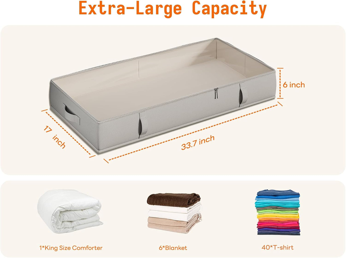 Vailando Side-Supported Under Bed Storage Containers, 6 Inches Tall 60L Underbed Storage Bins with Sturdy Handles and Sidewalls, Closet Organizer for Clothes, Blankets, Seasonal Items, Beige, 2-Pack