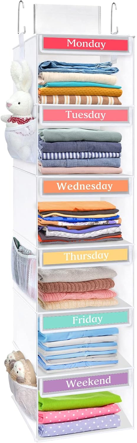 Fixwal 6-Shelf Weekly Clothes Organizer for Kids, Kids Daily Shelf Hanging Closet Organizer with 6 Side Pockets, Days of The Week Hanging Storage Shelves (Pink)