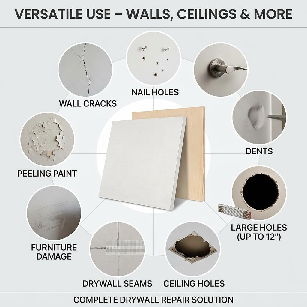 Drywall Repair Kit，34 Pcs 12x12inch Wall Patch Kit with Saw& Wood Boards，Drywall Patch Kit for Large Holes，Sheetrock Repair Kit for Cracks, Dents & Nail Holes-Quick & Easy Wall Surface Repair Solution