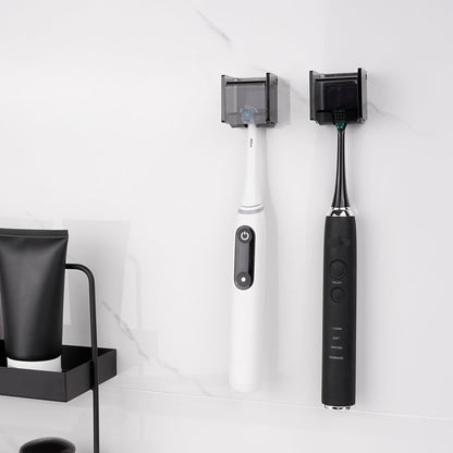 2 PCS Toothbrush Holder Wall Mounted with Cover for Bathroom, Self Adhesive Toothbrush Storage Organizer for Shower, Mini Toothbrush Hanger Rack for Dorm, Cabinet (Black)