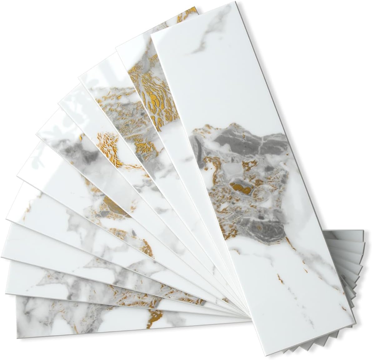 AULIGET 40-Piece Polished White Marble with Gold Peel and Stick Backsplash Wall Tiles, 3" x 12" PVC Faux Stone Stick on Tiles for Backsplash Kitchen, Bathroom, Laundry Room, Camper, Fireplace