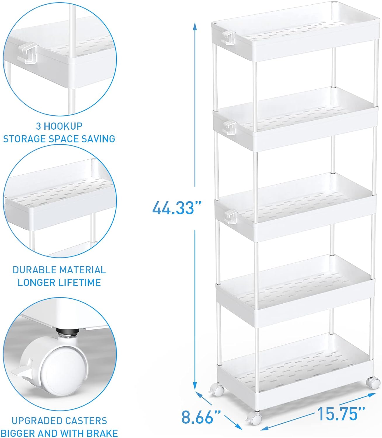 SPACEKEEPER 5-Tier Rolling Cart, Bathroom Storage Organizer Utility Cart, Mobile Shelving Unit Slide Out Shelves for Kitchen Living Room Laundry Room & Dressers, Black