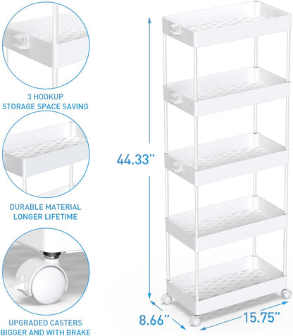 SPACEKEEPER 5-Tier Rolling Cart, Bathroom Storage Organizer Utility Cart, Mobile Shelving Unit Slide Out Shelves for Kitchen Living Room Laundry Room & Dressers, Black
