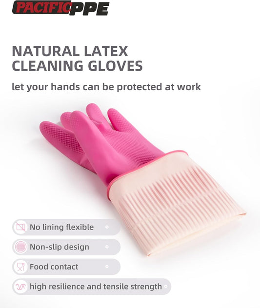 PACIFIC PPE 2 Pairs Reusable Rubber Gloves for Washing Dishes and Cleaning Tasks, Water Resistant Household Gloves for Kitchen Bathroom, Grippy Latex Dish Washing, Pink, Small