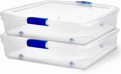 HOMZ 2-Pack Under Bed Storage, Clear Plastic Containers with Lids, 60 Quart, Gray Latch - Stackable Underbed Organizer Bins for Shoes, Bags, Clothes, and Towels