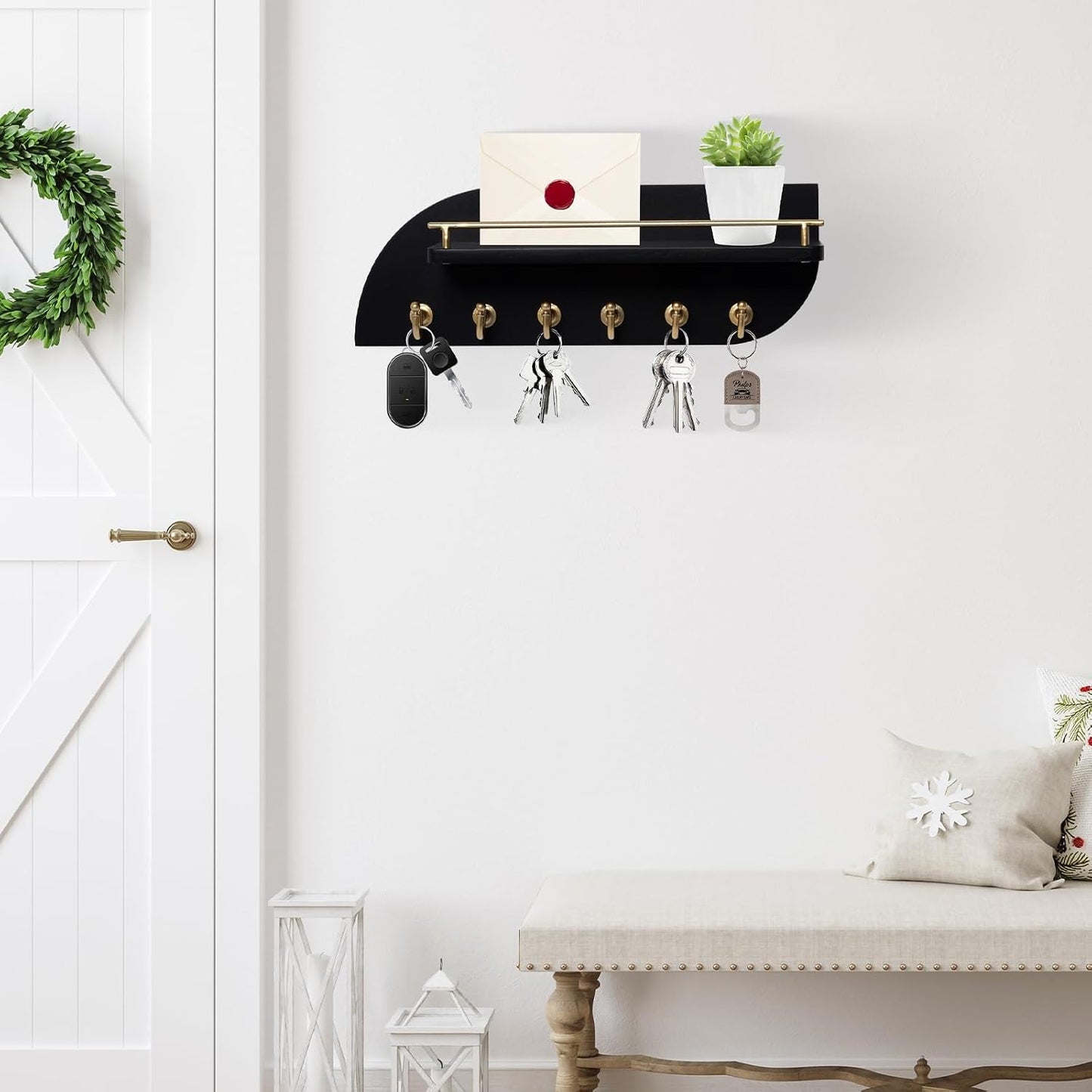 Key Holder for Wall, Decorative Key and Mail Organizer with 6 Sturdy Metal Hooks and Floating Shelf, 14 Inches Wood Wall Mounted Key Rack for Entryway, White and Gold