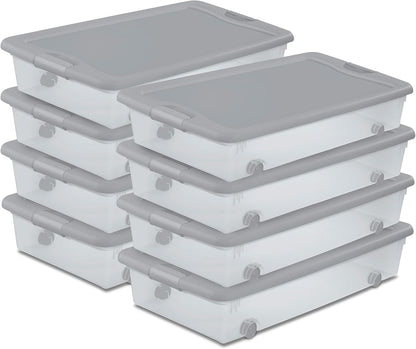 Sterilite 4-Pack 56 Quart Wheeled Latching Box, Underbed Plastic Storage Organizer, Silver - Under Bed Rolling Container Bin with Lid and Wheels for Home or Dorm Bedrooms and Closets